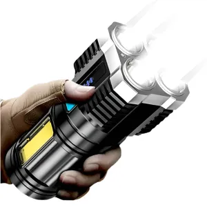 Portable Bright Flashlight 4 LED Heads Torches Camping Light Lamp USB Rechargeable with Power Display and COB Side Floodlights