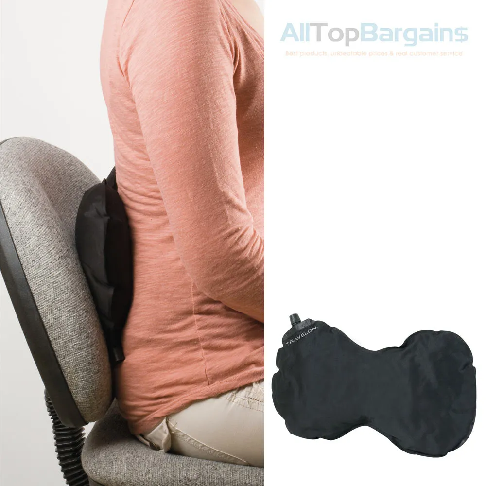 Travelon Travel Neck Pillow Self Infalting Support Lumbar Inflatable Sleep Black